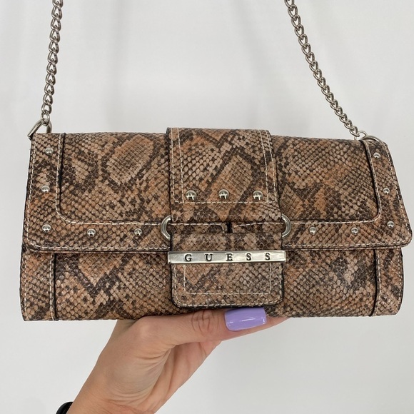 GUESS Snakeskin Clutch Handbag With Silver Shoulder Chain - Picture 5 of 14